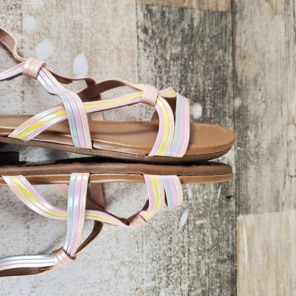 Jellypop Marita Kids Flat Sandals Sz 2 M Pastel Multi‎ Leather Back Zip Open Toe